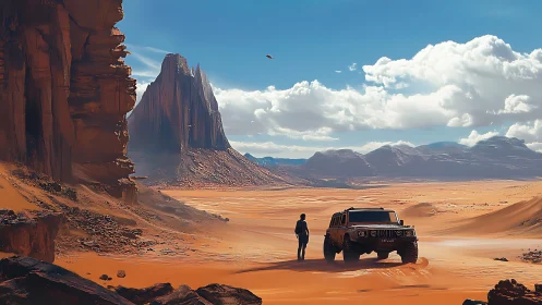 Desert explorer beside off-road truck under towering cliffs.