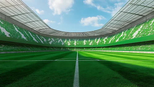 Wide-angle rendering of modern green football stadium interior