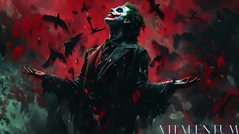 Laughing madman crowns himself in crimson storm of crows.