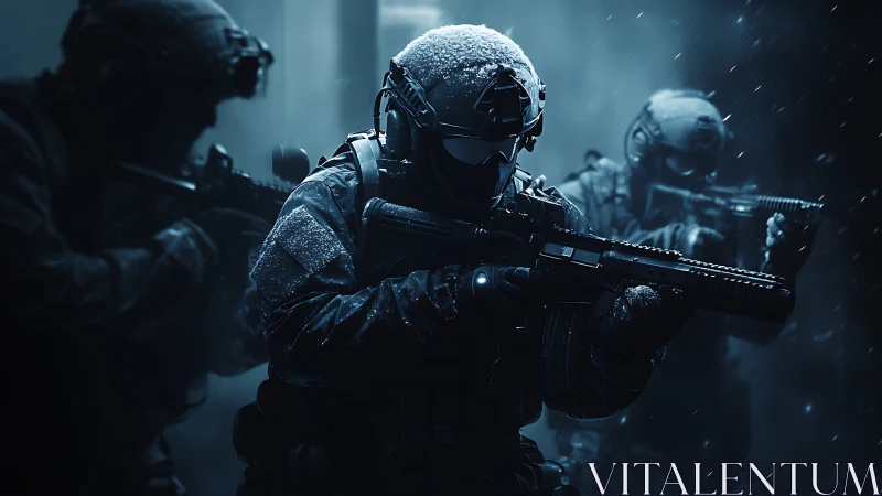 Tactical operators advance through blizzard night combat zone.