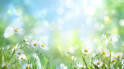 Daisy flowers stand in sharp focus against blurred bokeh sky