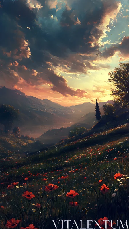 Sunlit alpine meadow descends toward misted valley basin