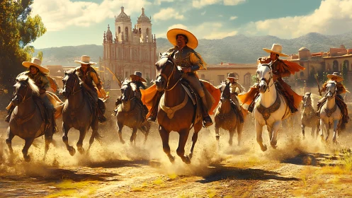 Galloping riders celebrate tradition in a sunlit colonial plaza