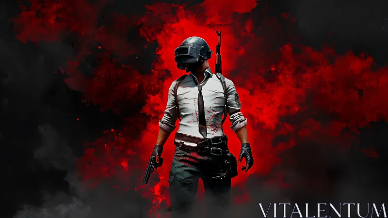 Helmeted shooter character on red and black abstract backdrop.