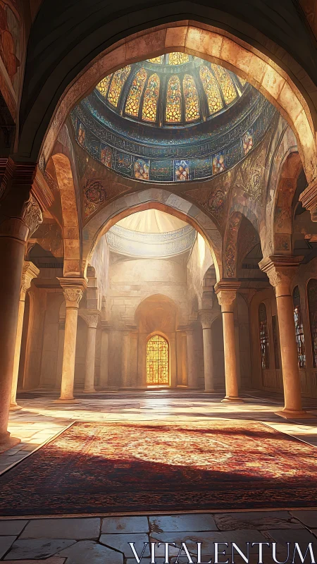 Sunlit domed hall with stained-glass drum and patterned prayer rug