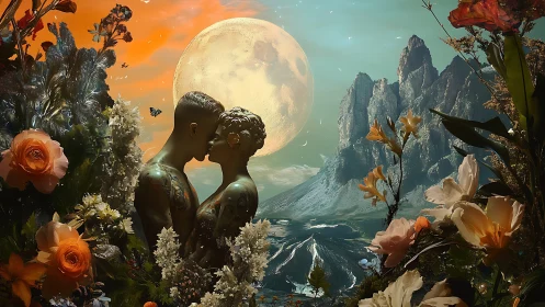 Moonlit statues trade secrets in a floral cosmic valley