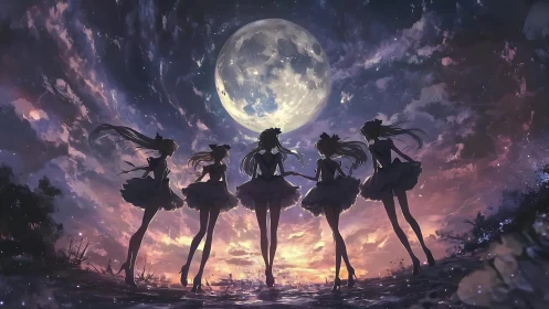 Anime moonlit ensemble in silhouetted backlit composition.