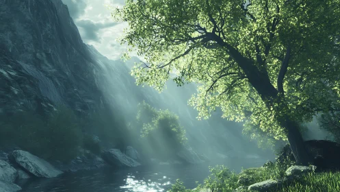 Sunlit riverbank beneath dramatic misty mountain cliffs.