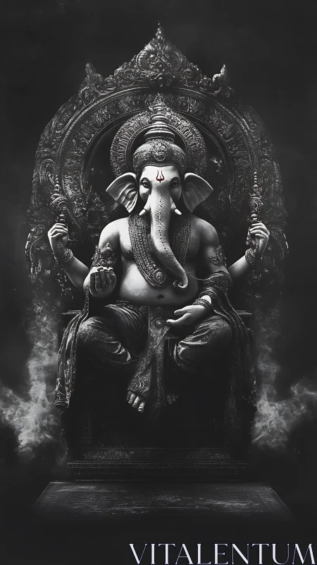 Majestic Ganesha enthroned in shadowed divine radiance.