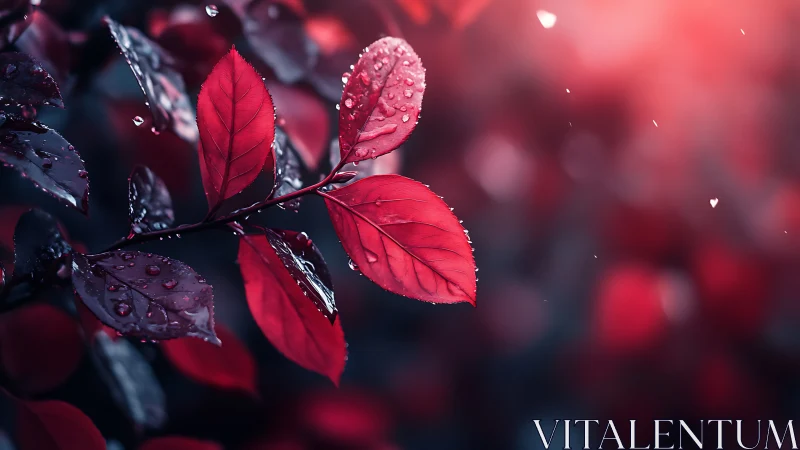 Red leaves with water droplets in soft evening light.