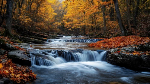 Cascading woodland stream framed by vivid autumn foliage.