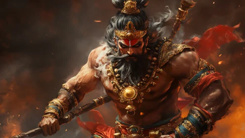 Warrior demigod storms battlefield in fiery golden armor.