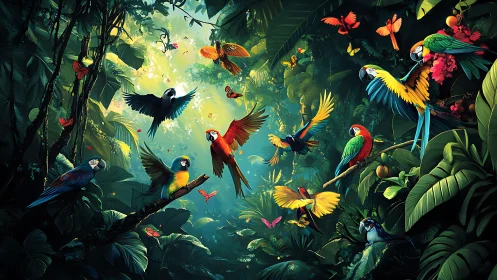 Parrot chorus ignites a sunlit jungle cathedral of color.