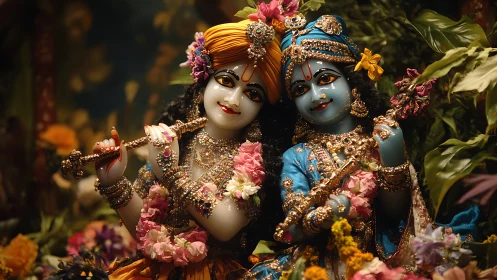 Radiant divine figures share music, flowers, and gentle joy