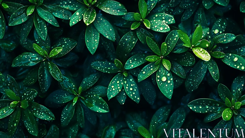 Macrophotographic leaf array with specular rain droplet highlights.