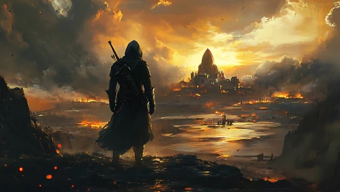 Lone cloaked warrior overlooking burning citadel at dusk.