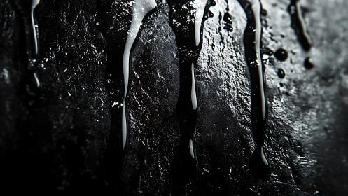 Glossy black liquid streams over textured stone surface