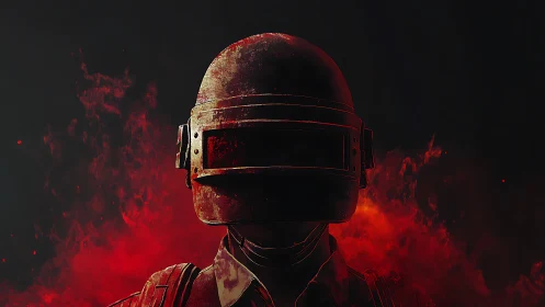 Armored tactical helmet silhouette in red combustion haze