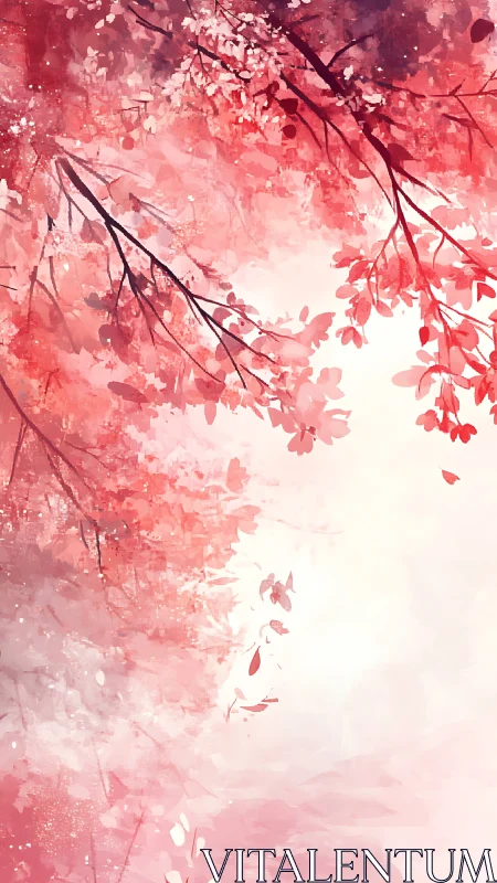 Vertical watercolor cherry canopy with diffuse blush light.