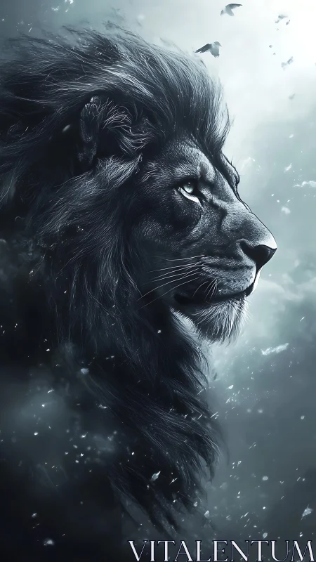 Majestic black lion study captures frozen storm-lit profile