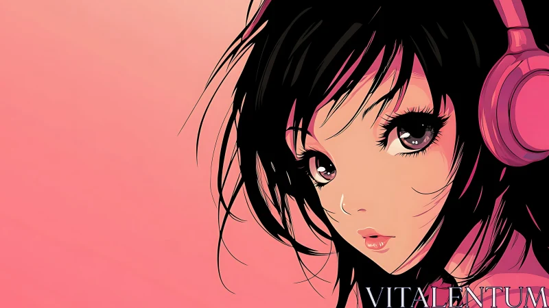 High-contrast anime portrait with cel-shaded pink headphones