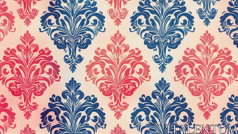 Ornate damask flourishes in pink and blue gradient pattern.