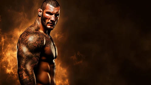 Muscular tattooed man stands in fiery, high-contrast lighting