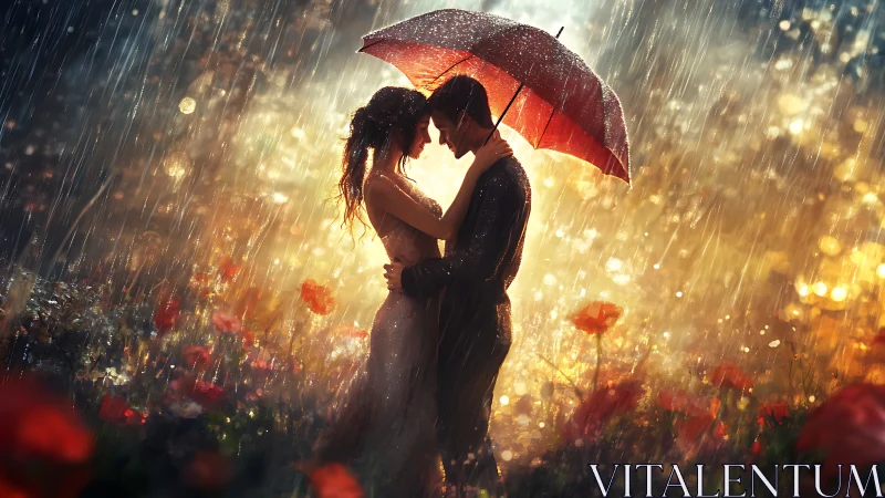 Two Hearts Dancing in the Rain Under a Crimson Umbrella.
