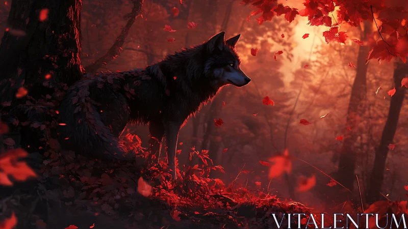 Digital painting of lone wolf in crimson autumn forest light.