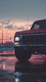 Weathered red pickup truck idles on wet urban street at dusk