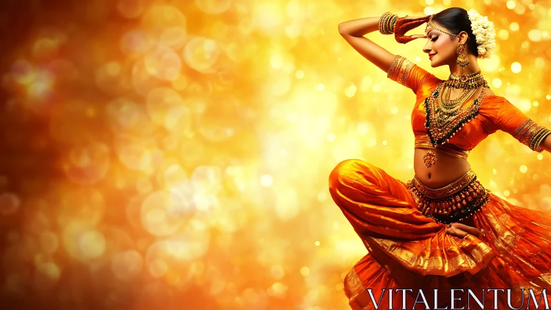 Classical Indian dancer holds graceful pose in golden light