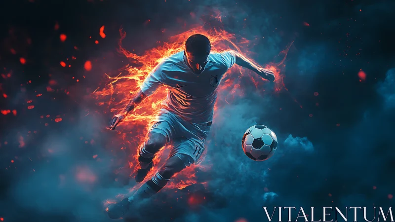 Fiery soccer striker leaping through smoky neon void.