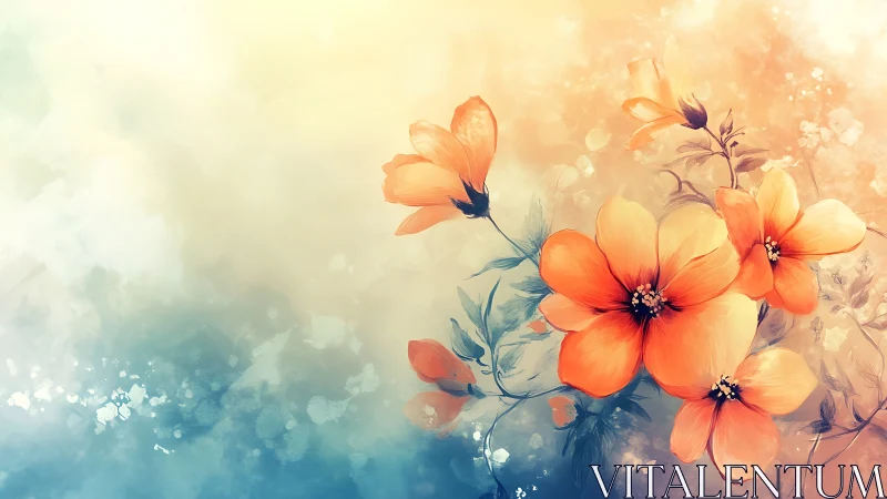 Orange and Coral Flowers Against Blue and Cream Background