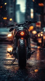 Custom cafe racer rear view in rainy urban street at dusk