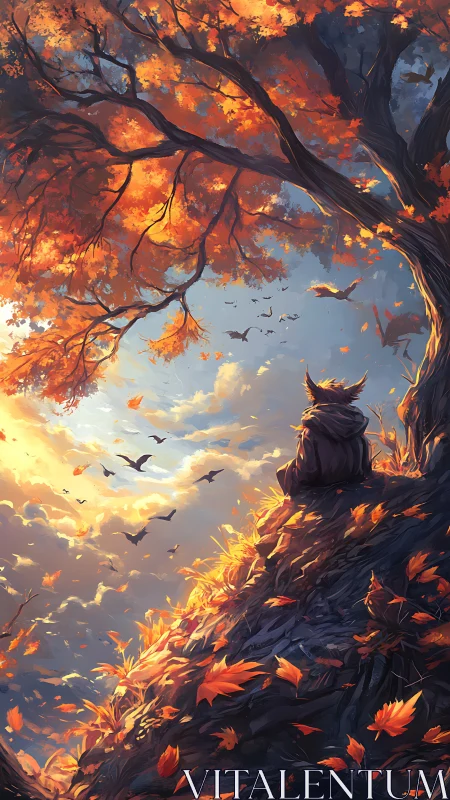 Autumn-clad wanderer watching crows dance in amber skies.