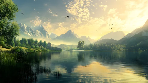 Sunlit alpine lake with misted peaks and mirrored sky.