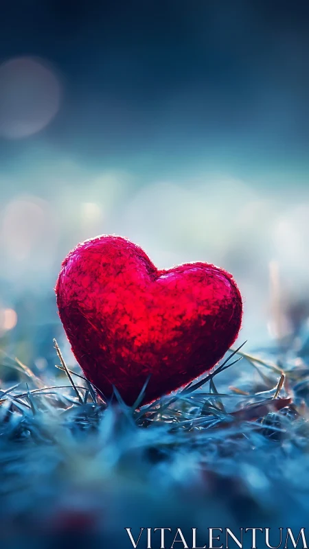 Crimson Heart on Frosted Surface with Bokeh Sky.