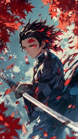 Crimson leaves swirl around a focused anime swordsman.