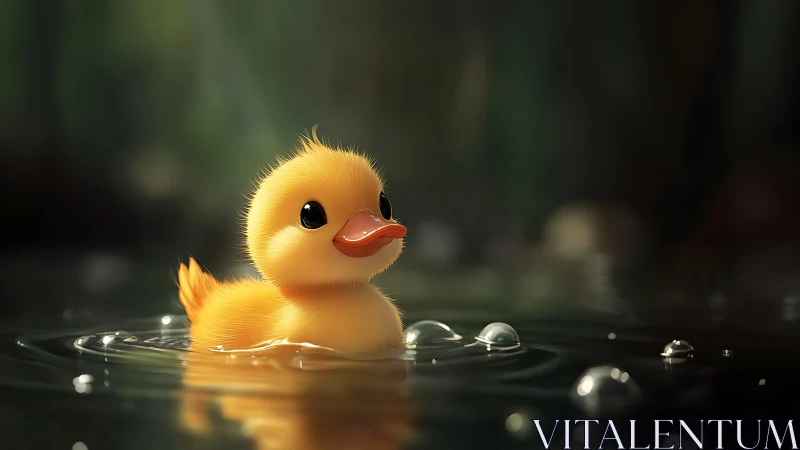 Tiny duckling patrols a twilight pond like a glowing skipper