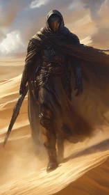 Hooded duskblade strides through sunlit storming dunes.