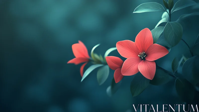 Digital rendered botanical composition featuring coral-hued five-petaled flowers with teal atmospher