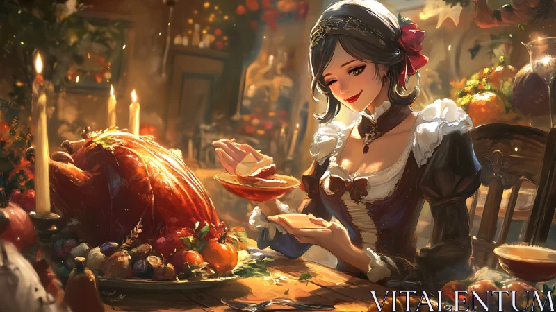 Autumn feast maid slices golden turkey in candlelit warmth.