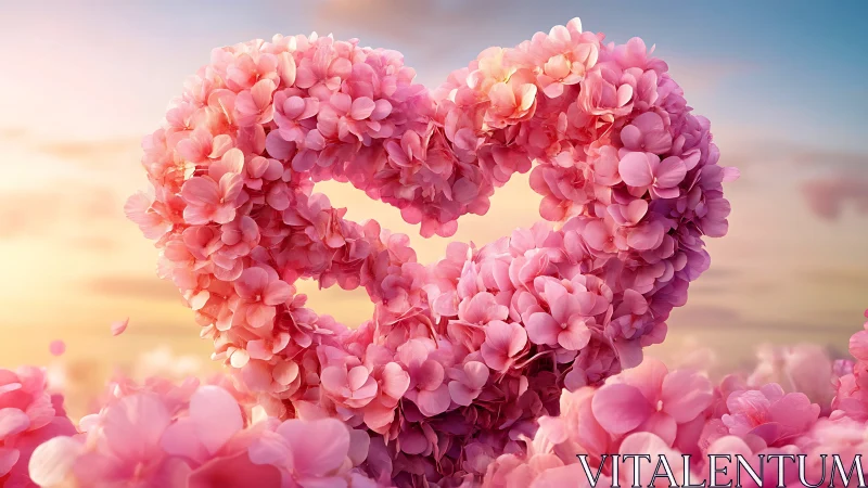 Floral Heart Shape Pink Flowers Sunset Field.