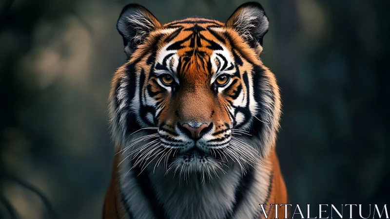 Tiger portrait with sharp focus and dark blurred background.