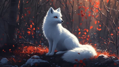 White fox rests in glowing autumn forest twilight scene