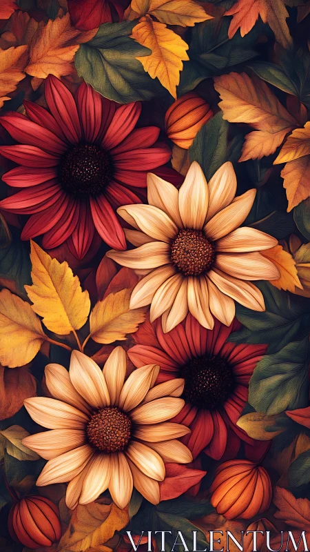 Composite Floral Arrangement with Red and Cream Daisies Among Autumn Foliage