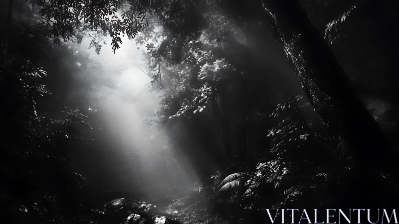 Moonlit hush in a shadowed rainforest cathedral of light.