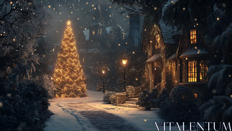 Snowy cottage lawn with illuminated Christmas tree at dusk.