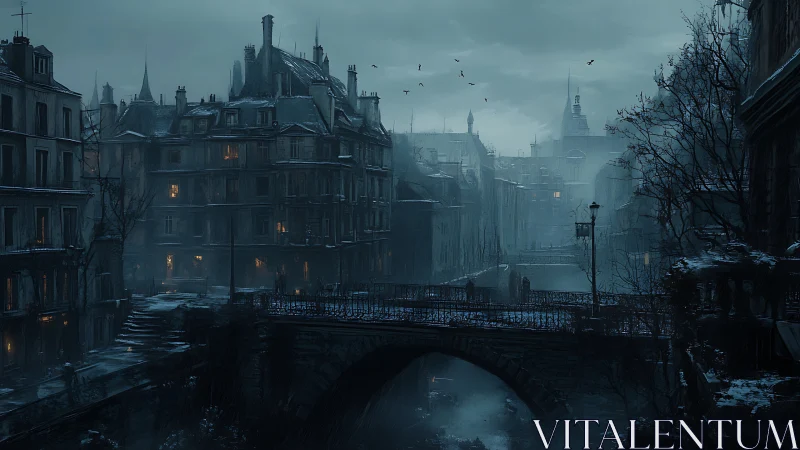 Noir winter bridge over misted river in dense old city