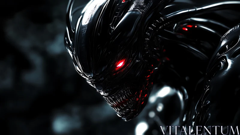 Cybernetic demon head glows with ominous red energy.